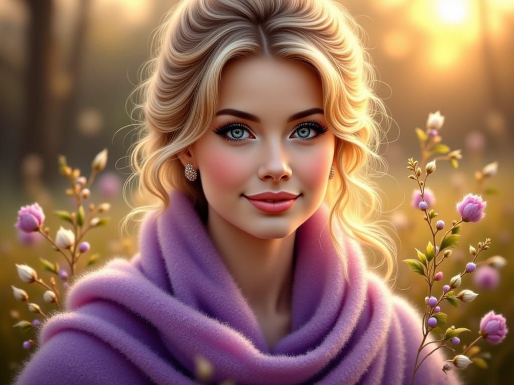 Elegant Blonde Woman in Radiant Purple Shawl