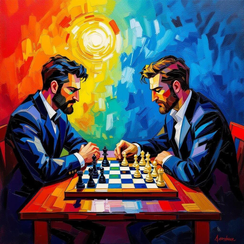 Intense Neo-Impressionist Chess Duel Oil Painting