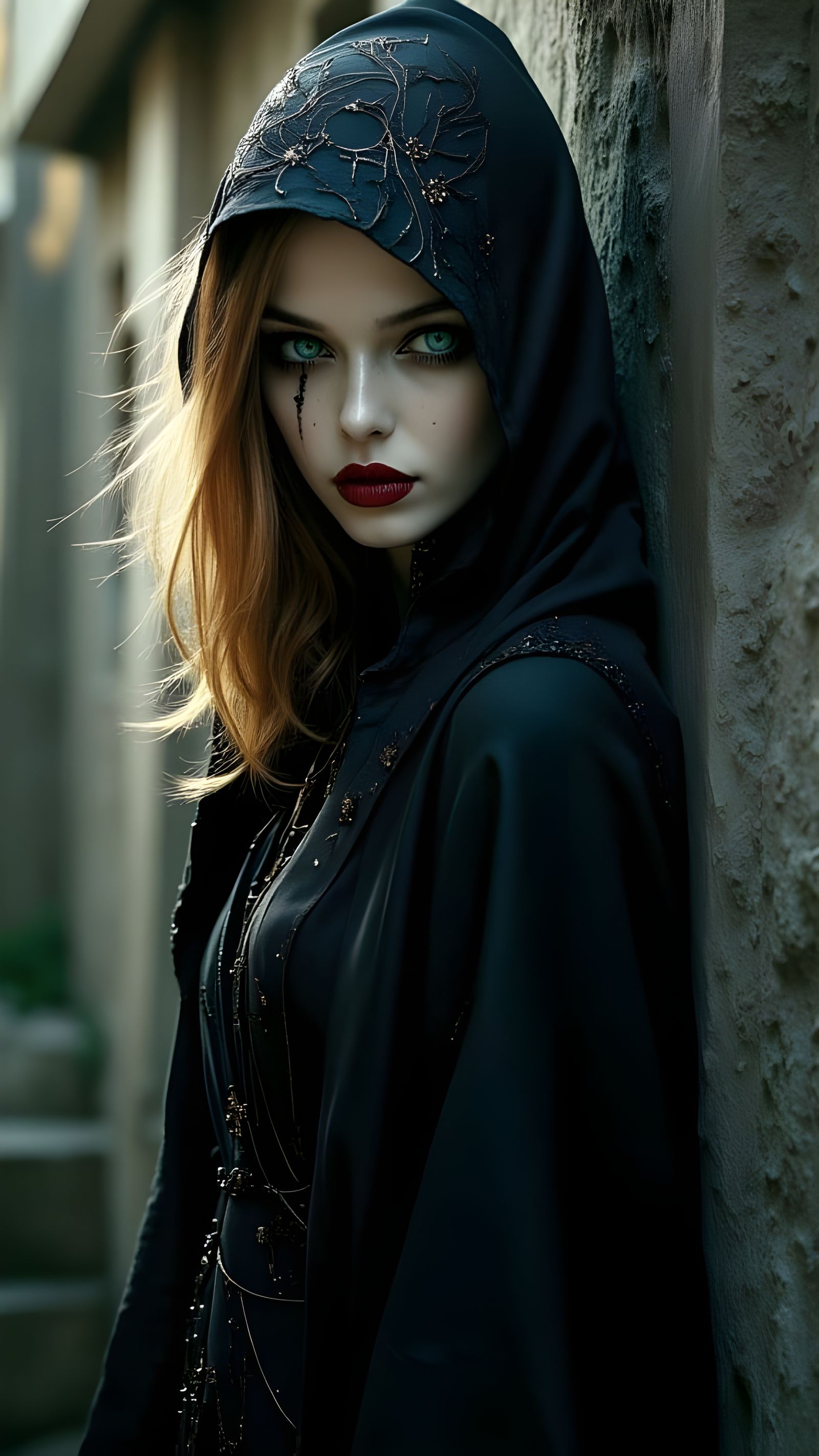 Eerie Gothic Portrait with Gold Hair, Dark Fantasy Style