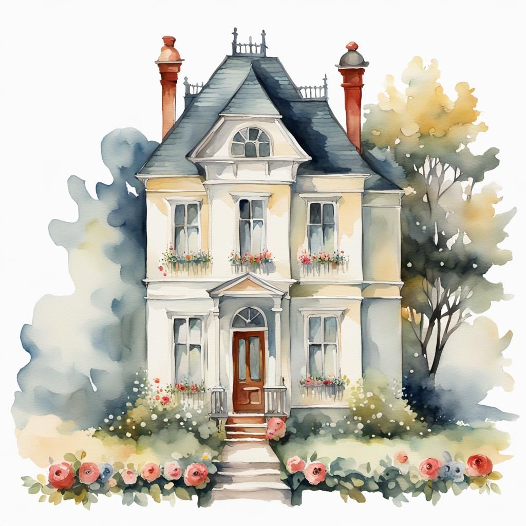 Victorian Dollhouse in Gouache Style Watercolor