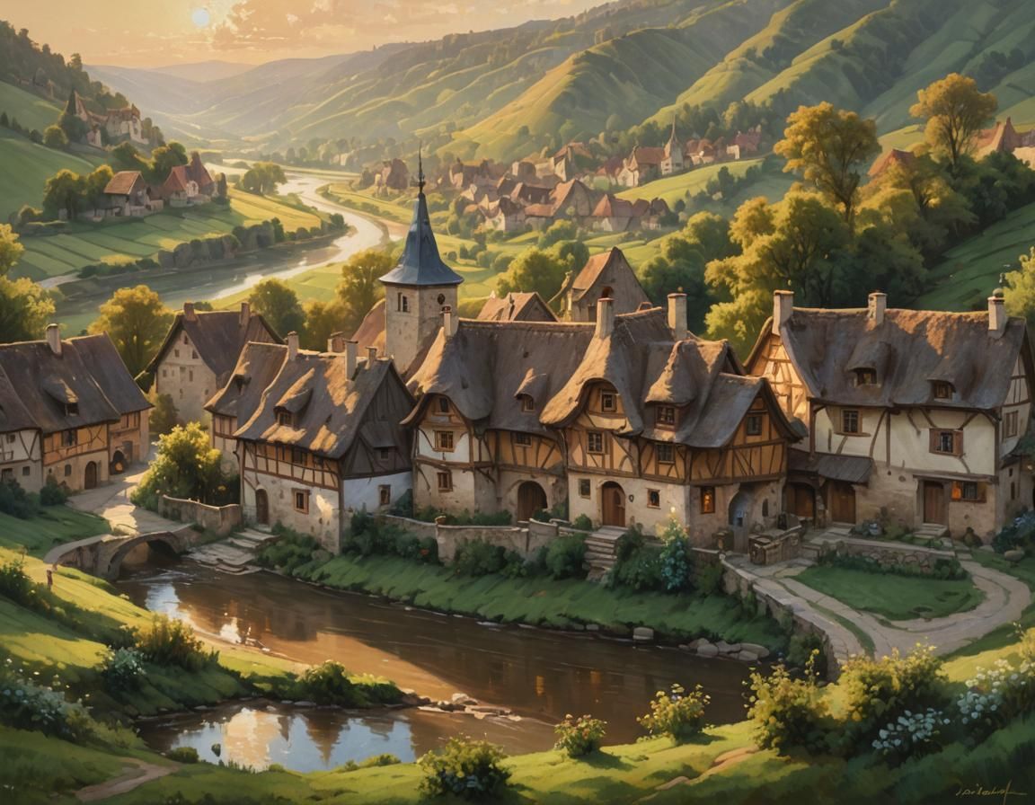 Medieval French Village in Warm Golden Light