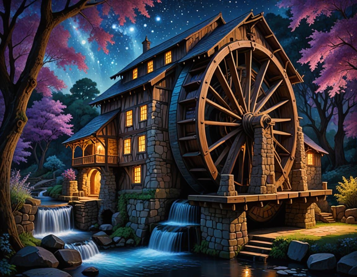 Whimsical Watermill in Enchanted Forest Landscape