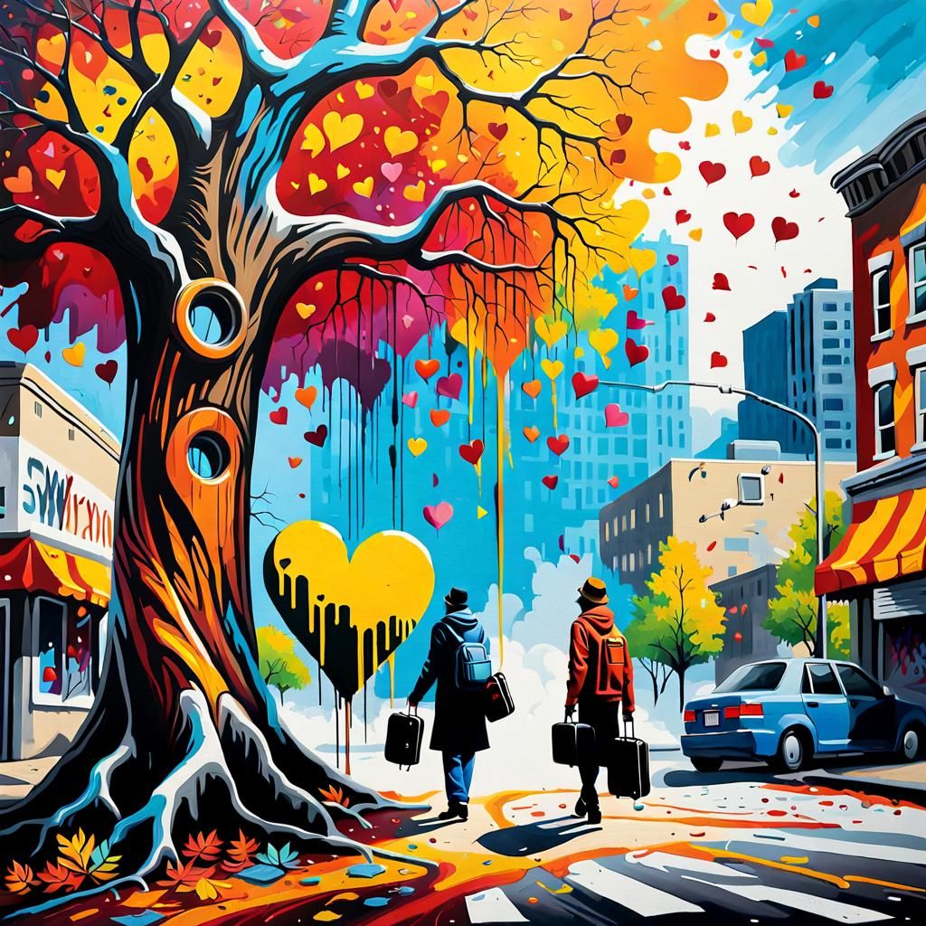 Vibrant Street Art: Broken Hearts Under Colorful Tree