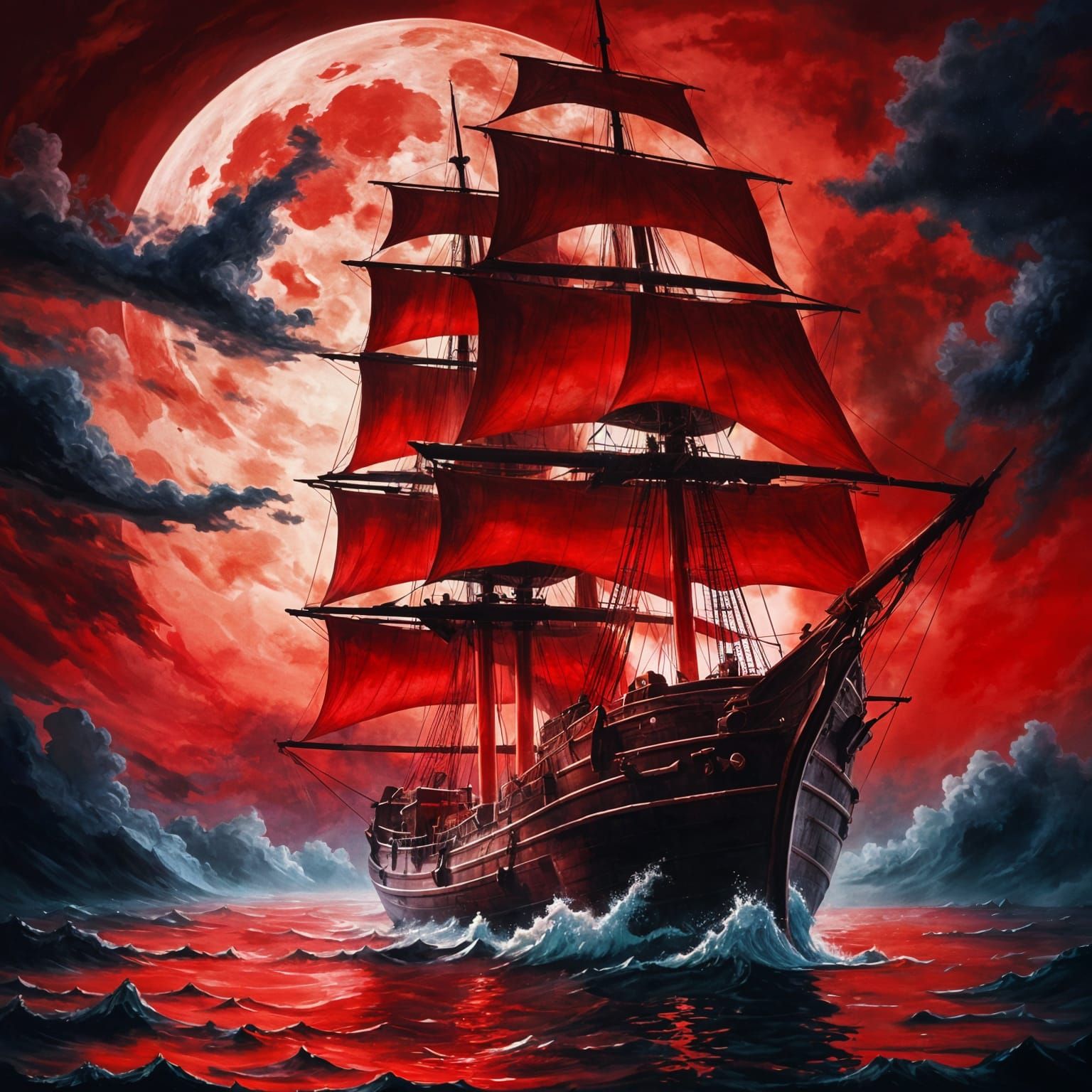 Crimson Sails on Misty Seas under Blood Moon