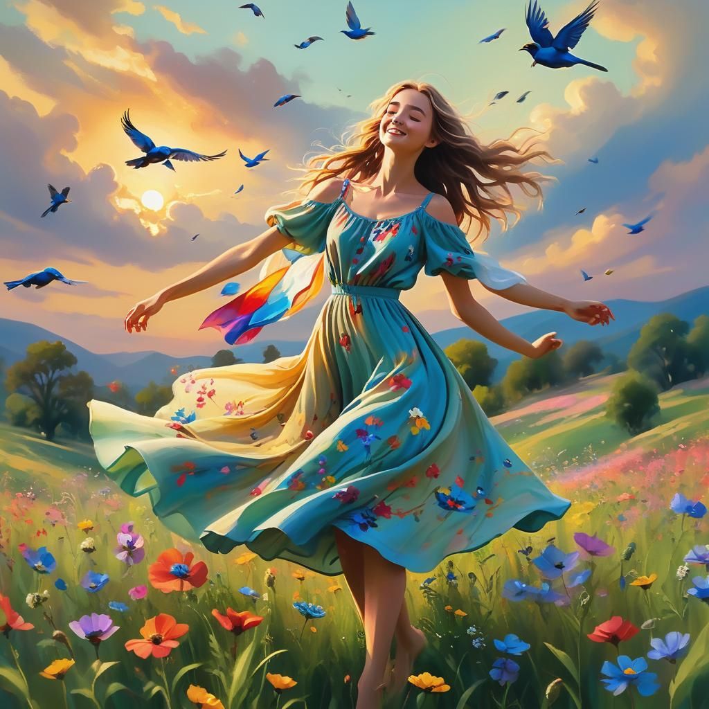 Woman Dancing in Meadow at Sunset: Oil Painting