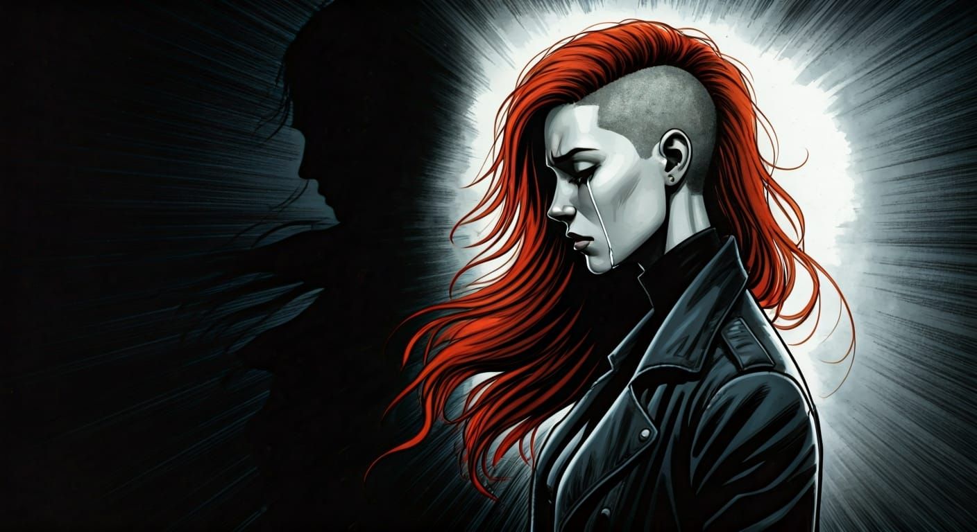 Lonely Redhead Cries in Graphic Novel Illustration