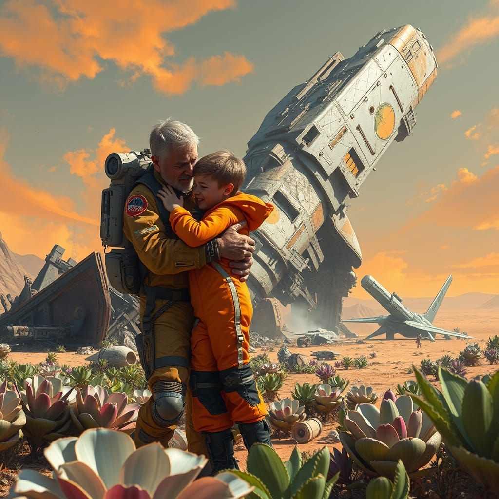 Father Comforts Son Amidst Wreckage of Crashed Spaceship
