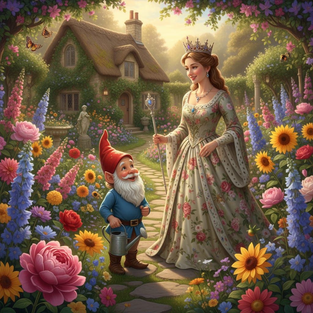Garden Gnome and Queen in Vibrant Floral Wonderland