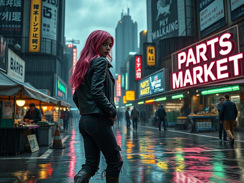 Cyberpunk Cityscape with Flea Market and Neon Lights