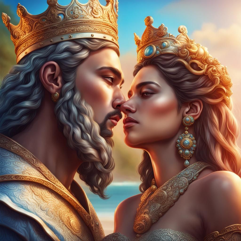 Hyperrealistic Selkupian King and Queen on Beach
