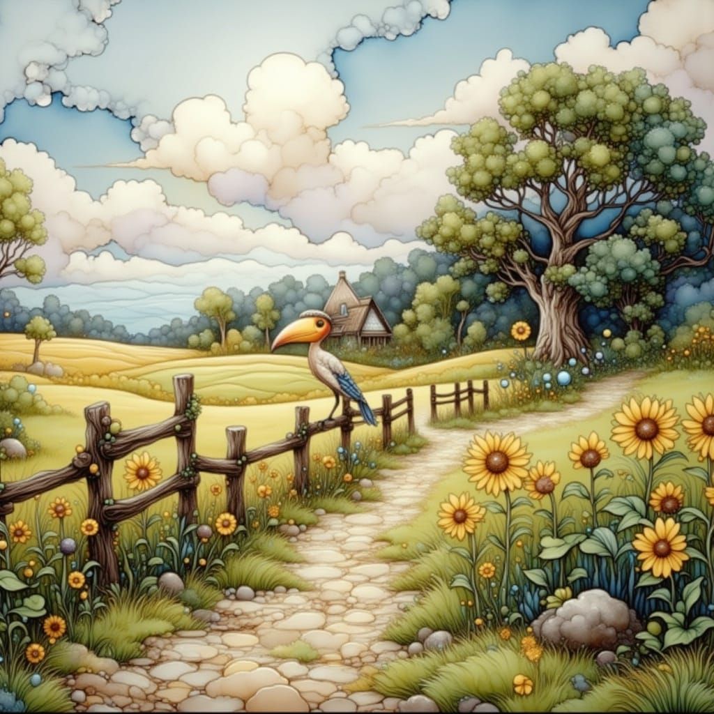 Hoopoe in Vibrant Landscape with Fractal Patterns