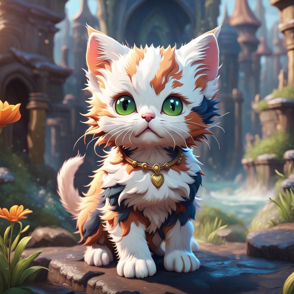 Cute Tricolor Kitten in Detailed Digital Painting