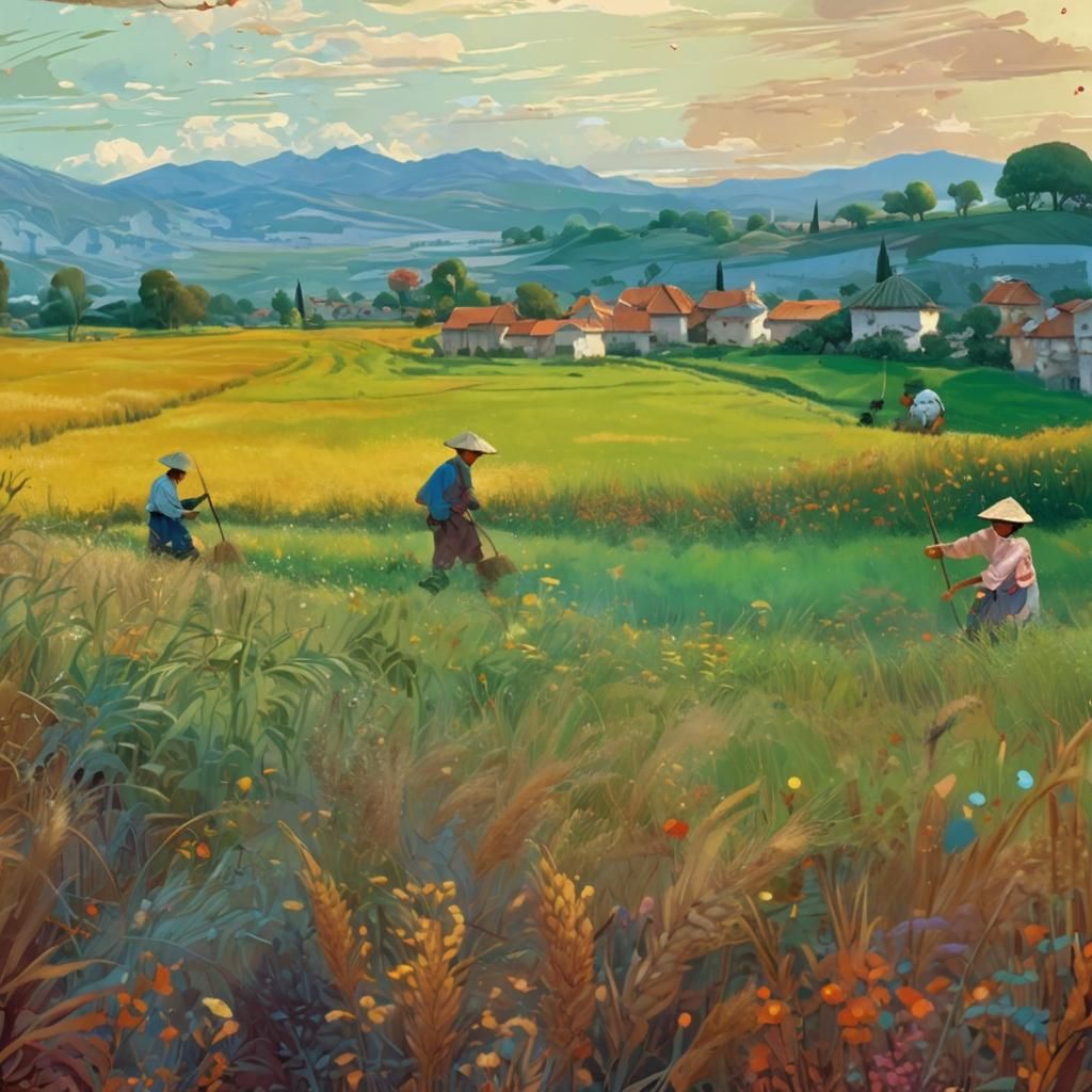 Harvesting in Lush Village: Cinematic Impasto Painting