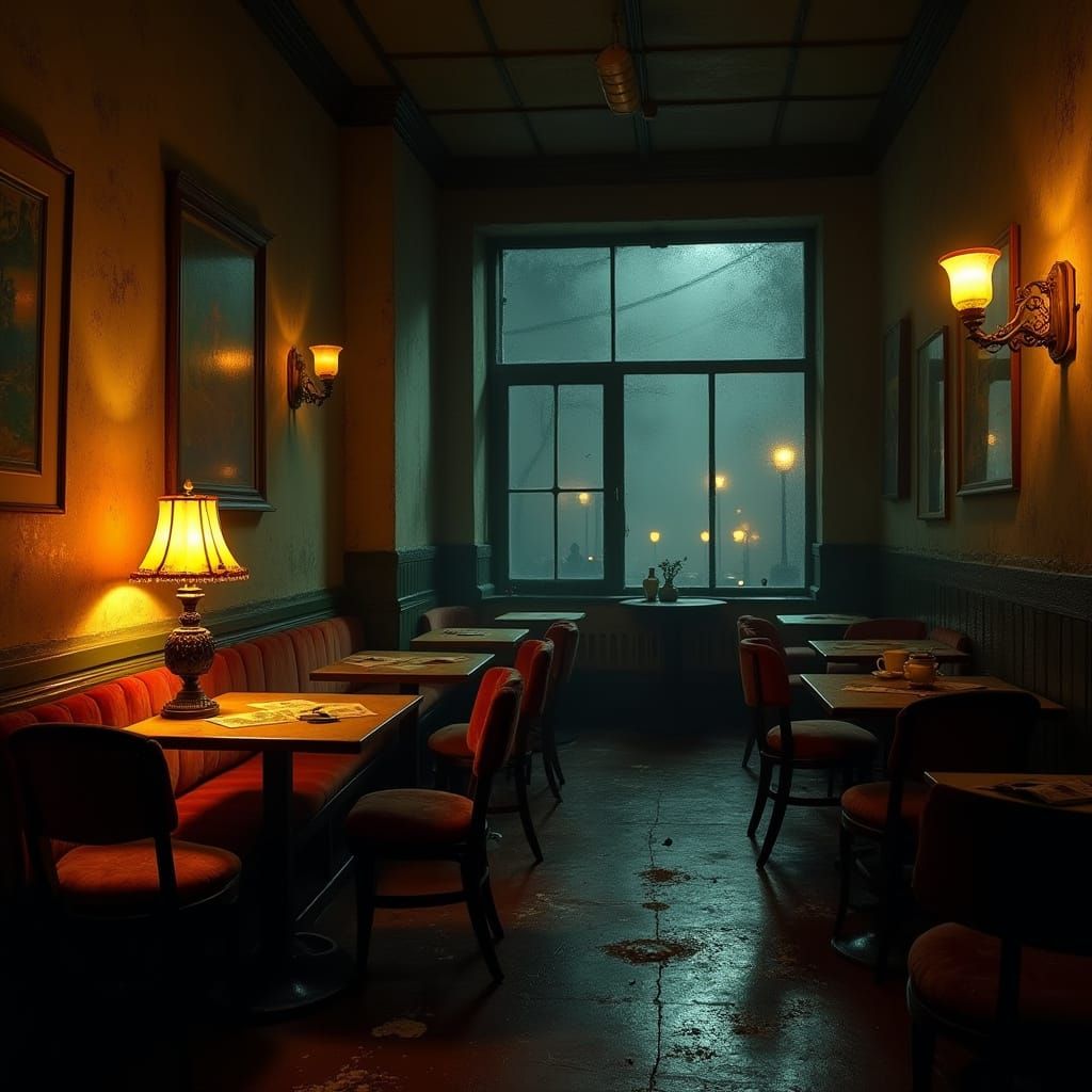 Surreal Café at Night: Whispers of Forgotten Conversations