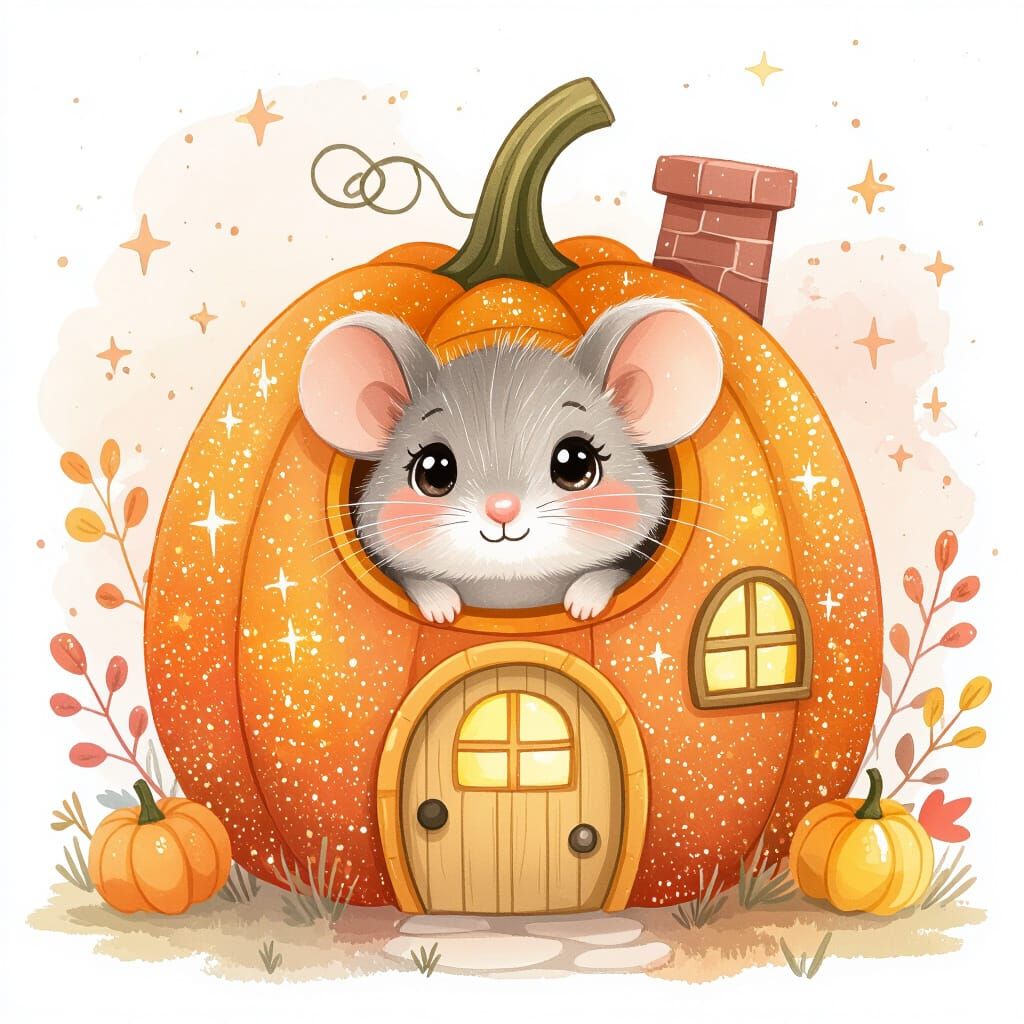 Cute Mouse in Glittery Pumpkin House, Watercolor Style