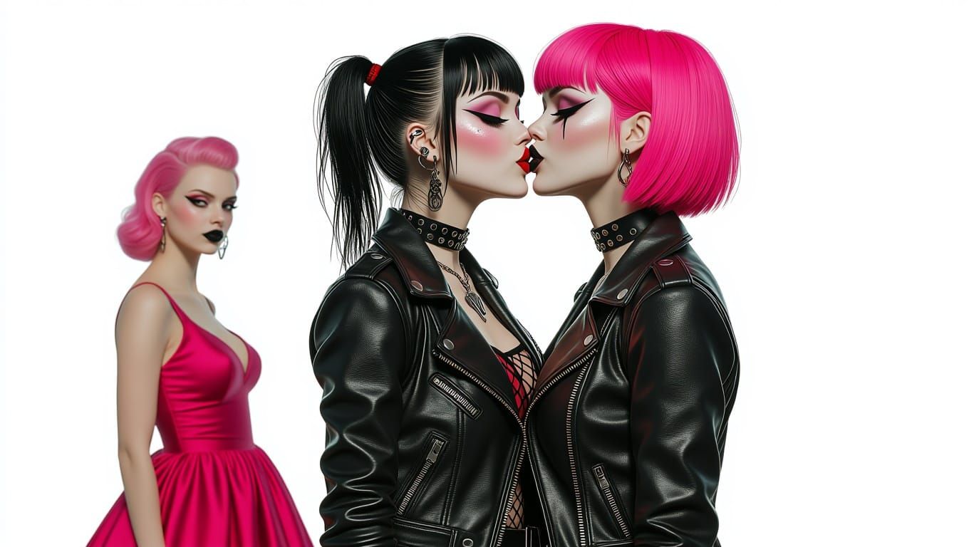 Goth Girl Kisses Pink-Haired Woman: 3D Rendering