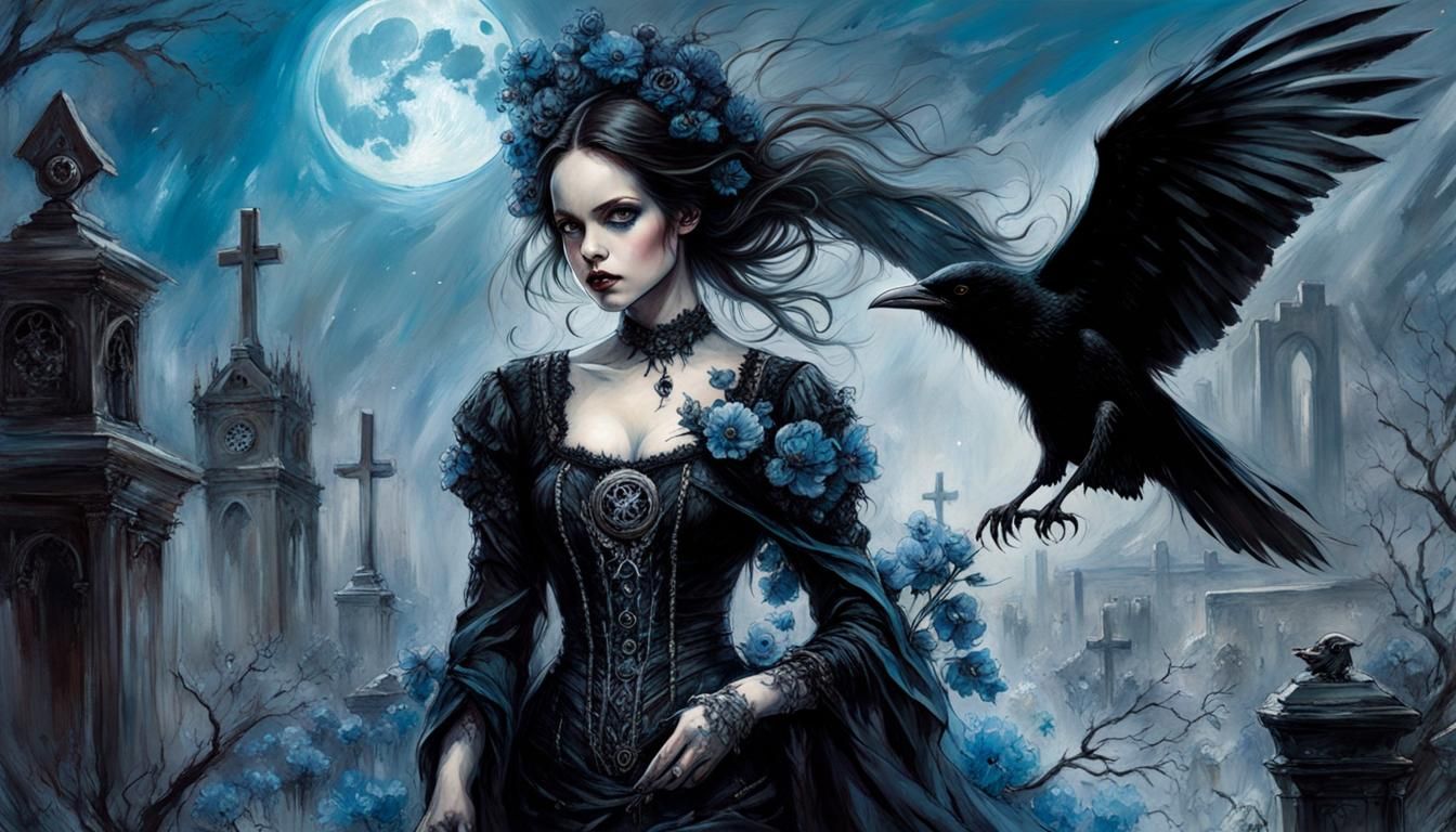 Goth Girl in Cemetery with Crows, Dark Fantasy Art