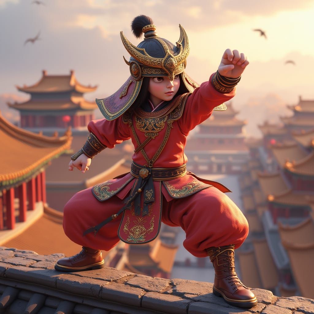 Nezha in 3D Pixar Style on Ancient Chinese Rooftop