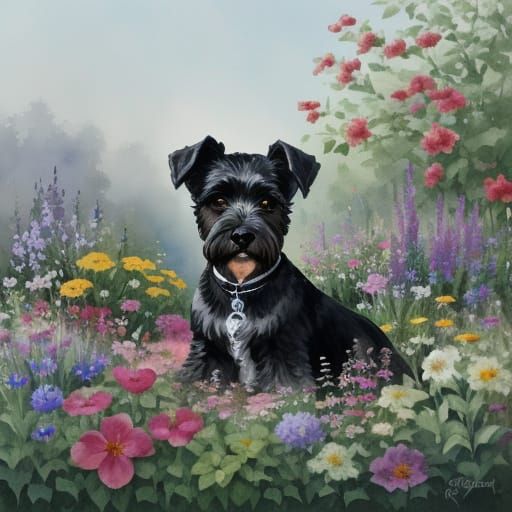Miniature Schnauzer in Watercolor Flower Garden