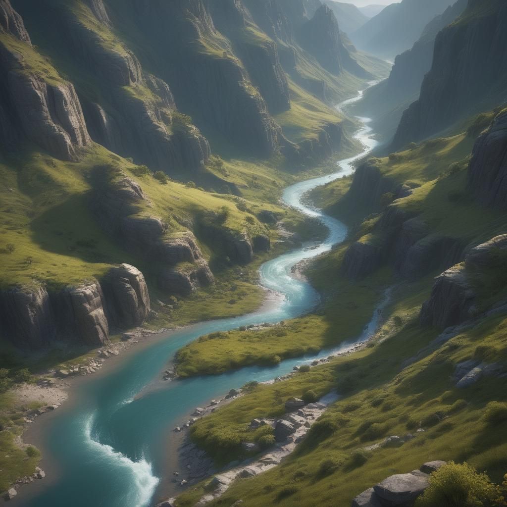 River Flowing Through Valley: Detailed Matte Painting