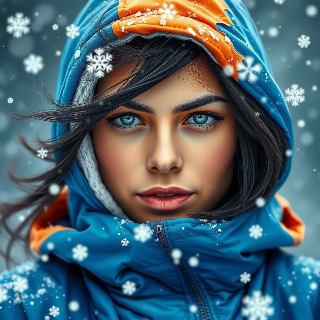 Woman in Azure Jacket Amidst Blizzard, Inspired by Masters