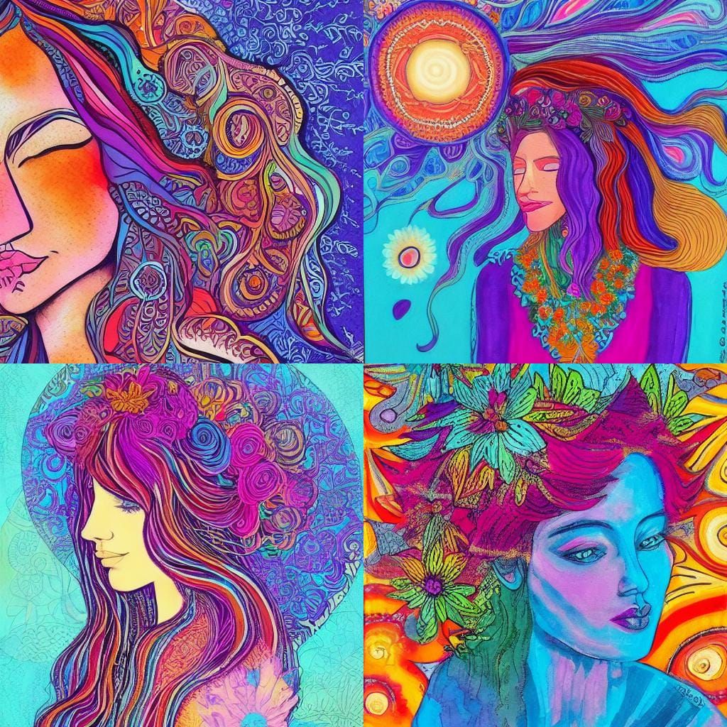 Mystical Hippie Woman at Sunrise in Abstract Art