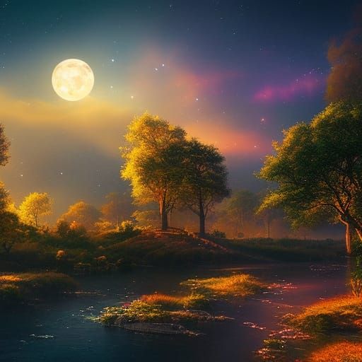 Autumn night, full moon, starry sky, masterpiece, beautiful, award-winning