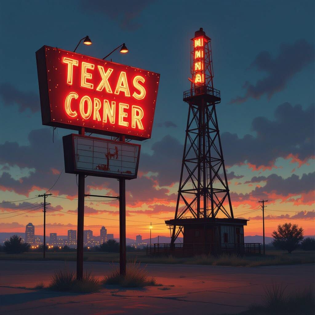 Texas Corner Bar Sign with Oil Derrick at Dusk