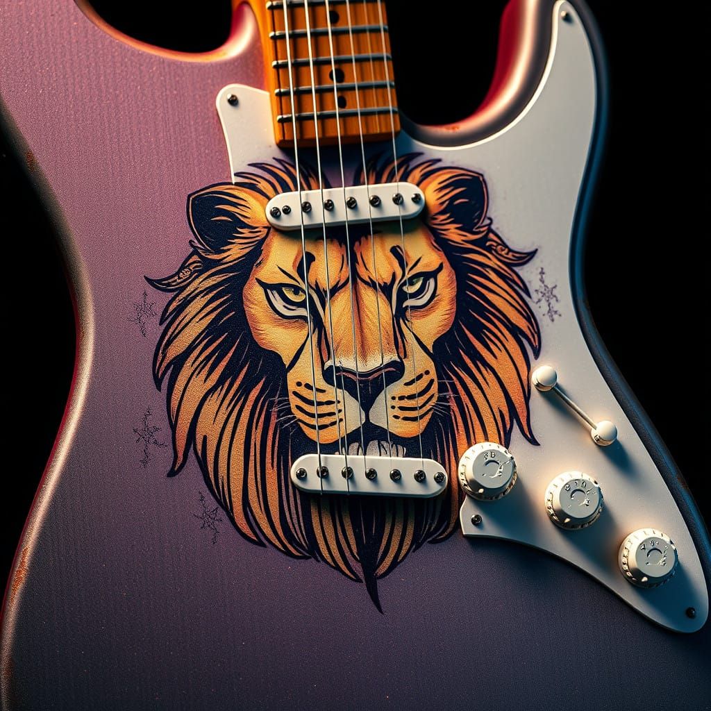 Epic Fantasy Fender Stratocaster with Lion Decal and Sparkli...