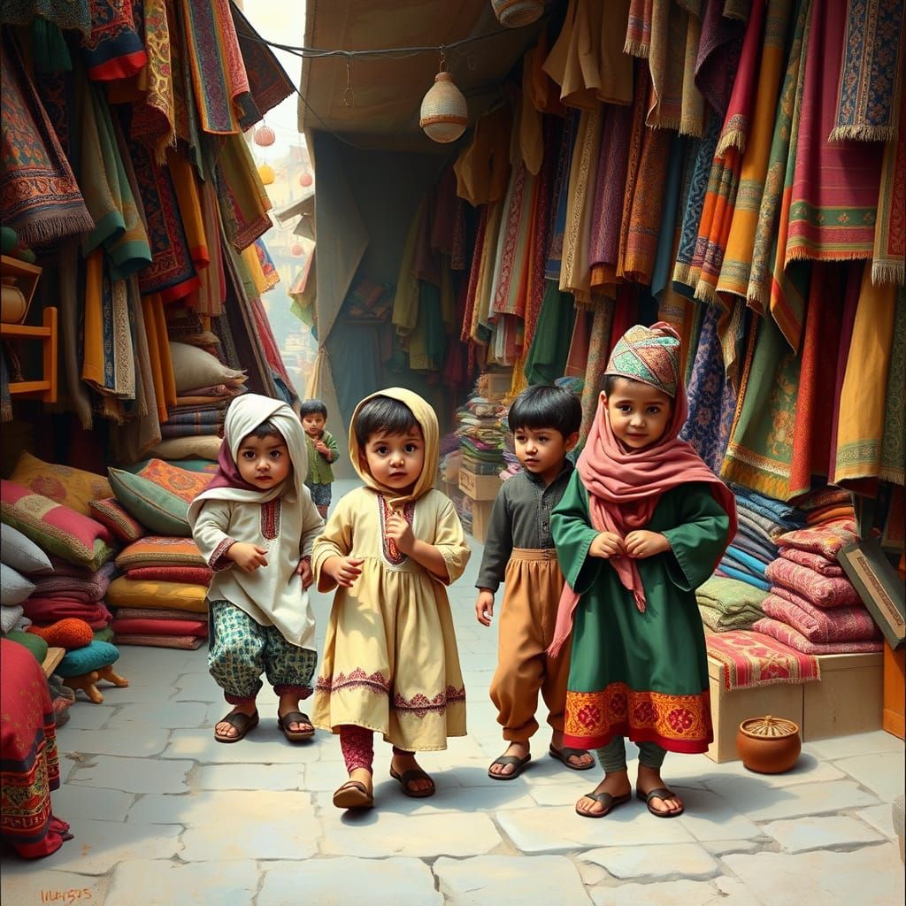 Children Playing in Afghan Marketplace, South Asian Art