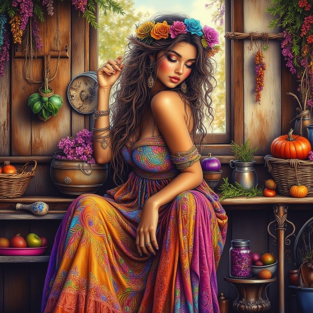 Vibrant Bohemian Woman Dancing with Tambourine in a Bustling...