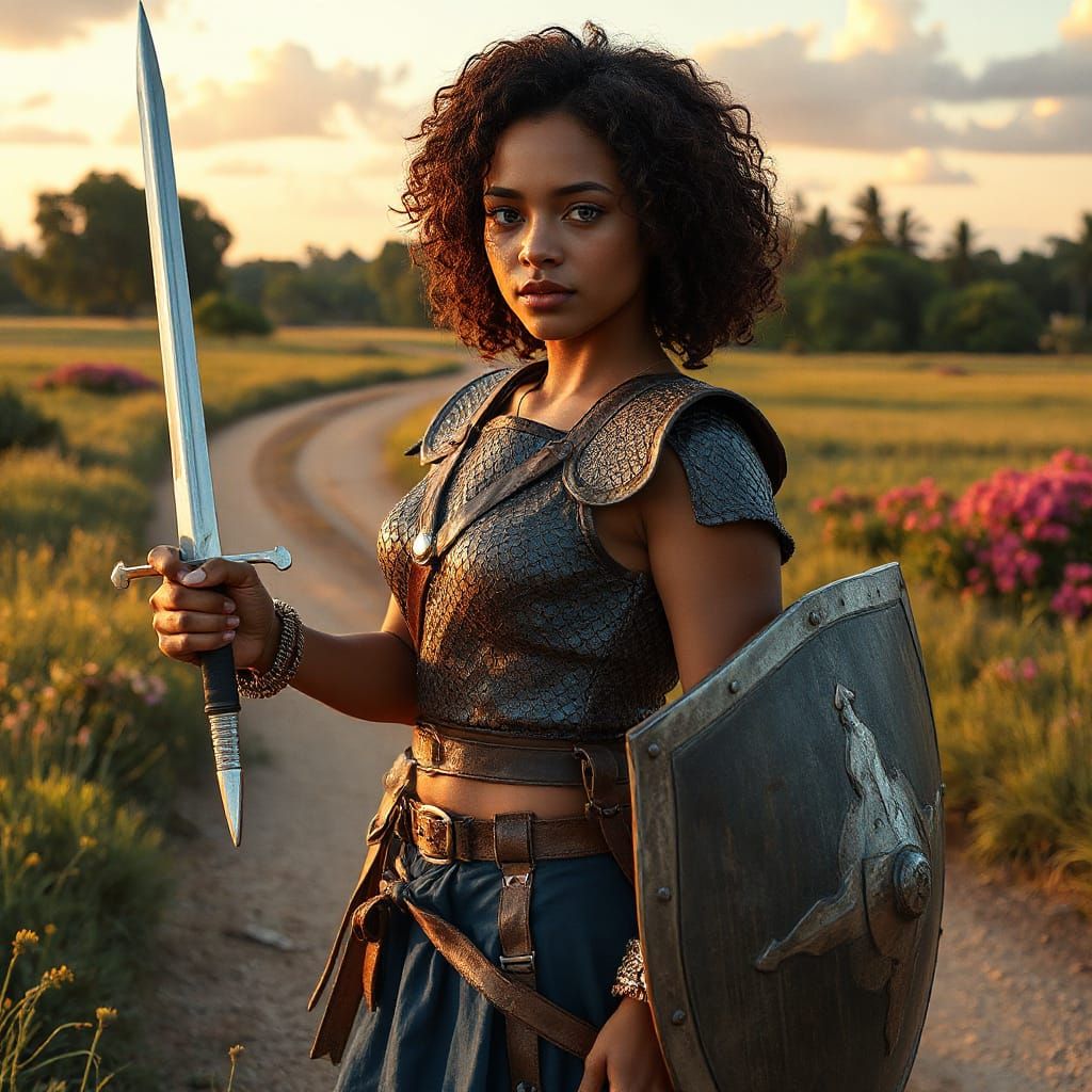 Stunning Warrior Woman in Iron Scale Mail Vest and Short Blu...
