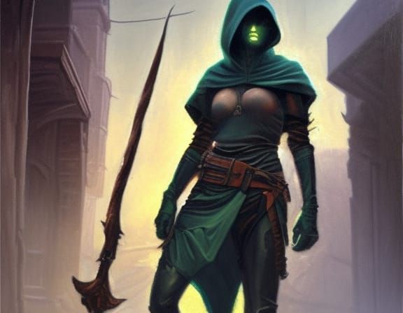 Fantasy Rogue in Dark Town, Oil Painting Style