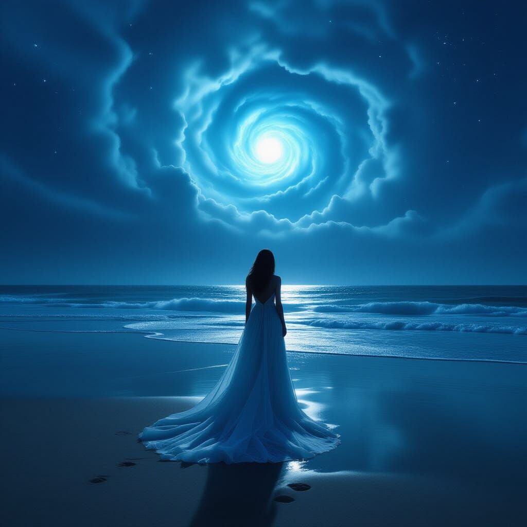 Figure on Beach Under Nebula Sky