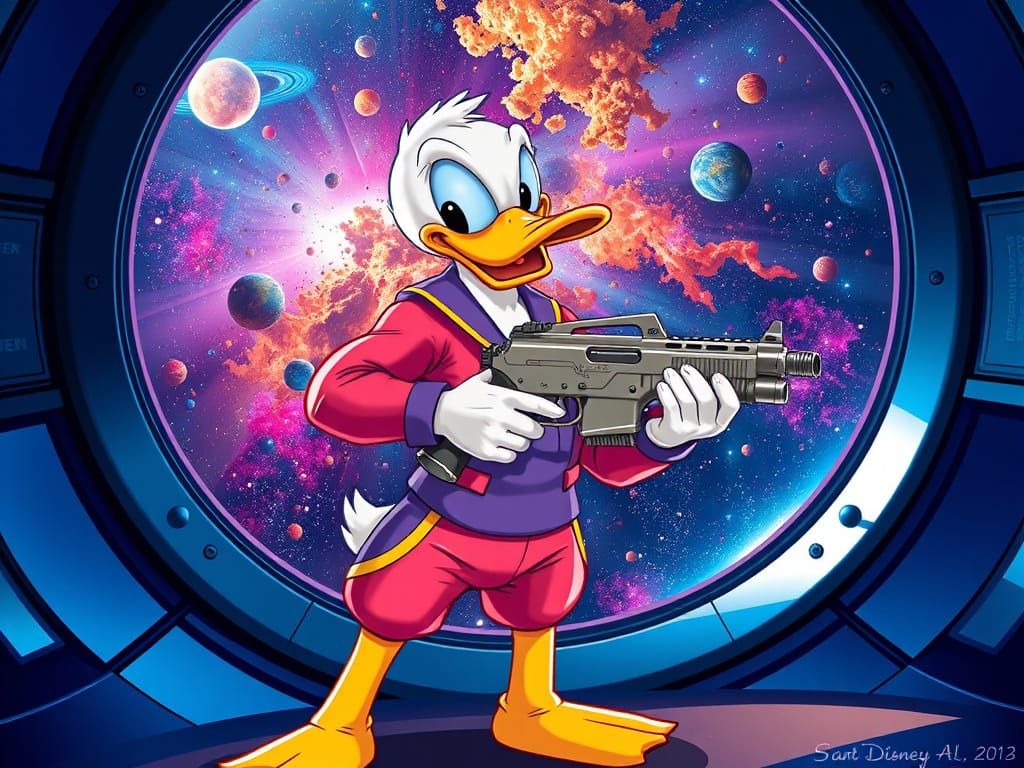 Vibrant Space Hero Donald Duck in Retro-Futuristic Acrylic A...