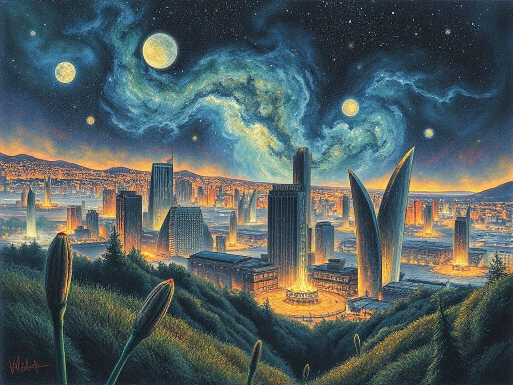 Post-Apocalyptic Cityscape at Night, Pencil Sketch Style