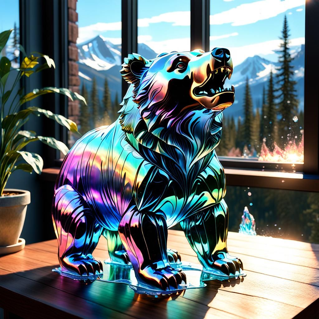 Holographic Crystal Grizzly Bear Sculpture