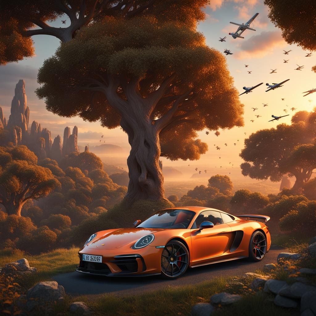 Luxury Sports Cars at Sunset: Detailed Digital Painting