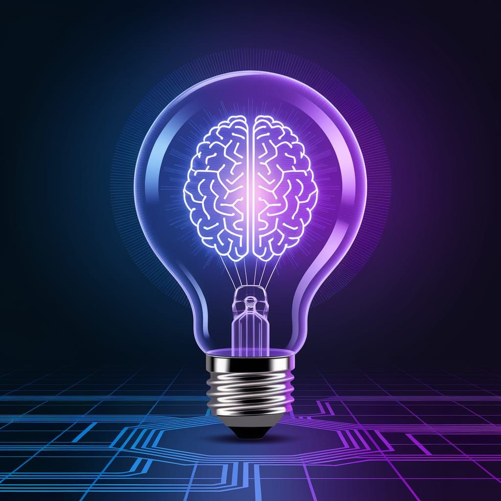 Radiant AI Brain Illuminates Futuristic Light Bulb in Neon B...