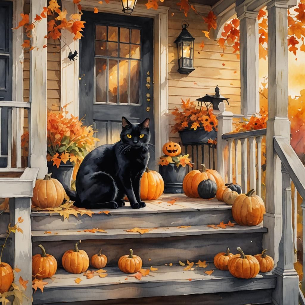 Black Cat on Porch: Whimsical Halloween Illustration