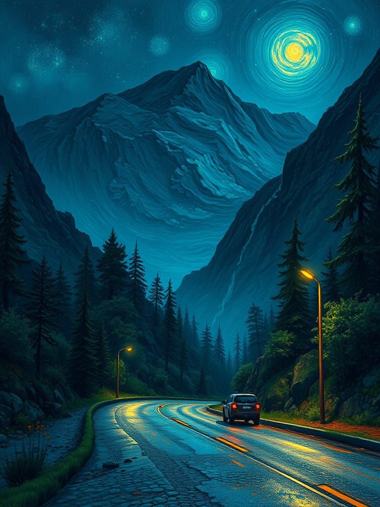 Impressionist Mountain Road at Dusk