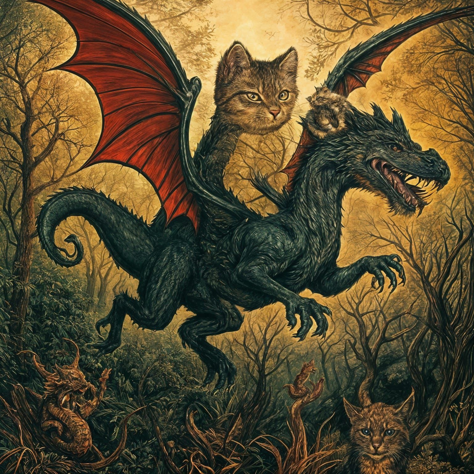 Kitten Riding Dragon in Golden Age Illustration