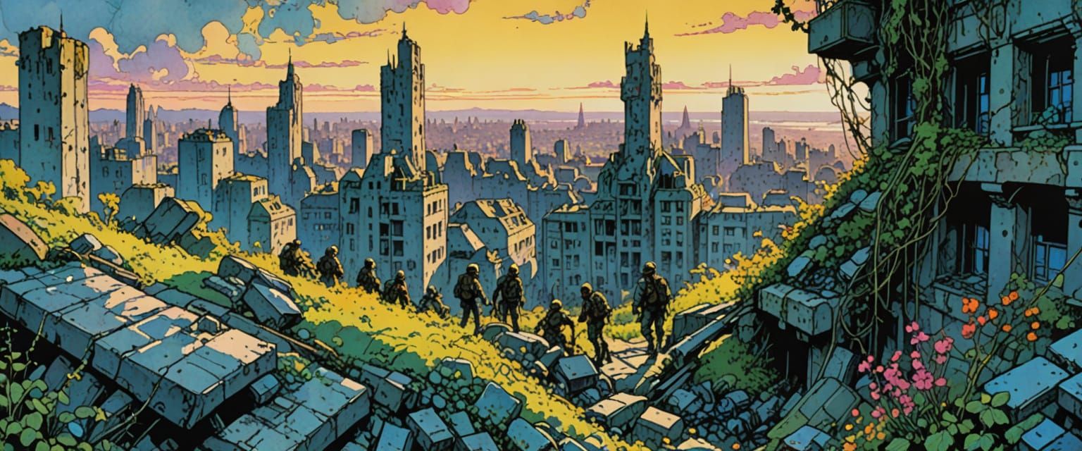 Post-Apocalyptic City Ruins in Comic Book Style