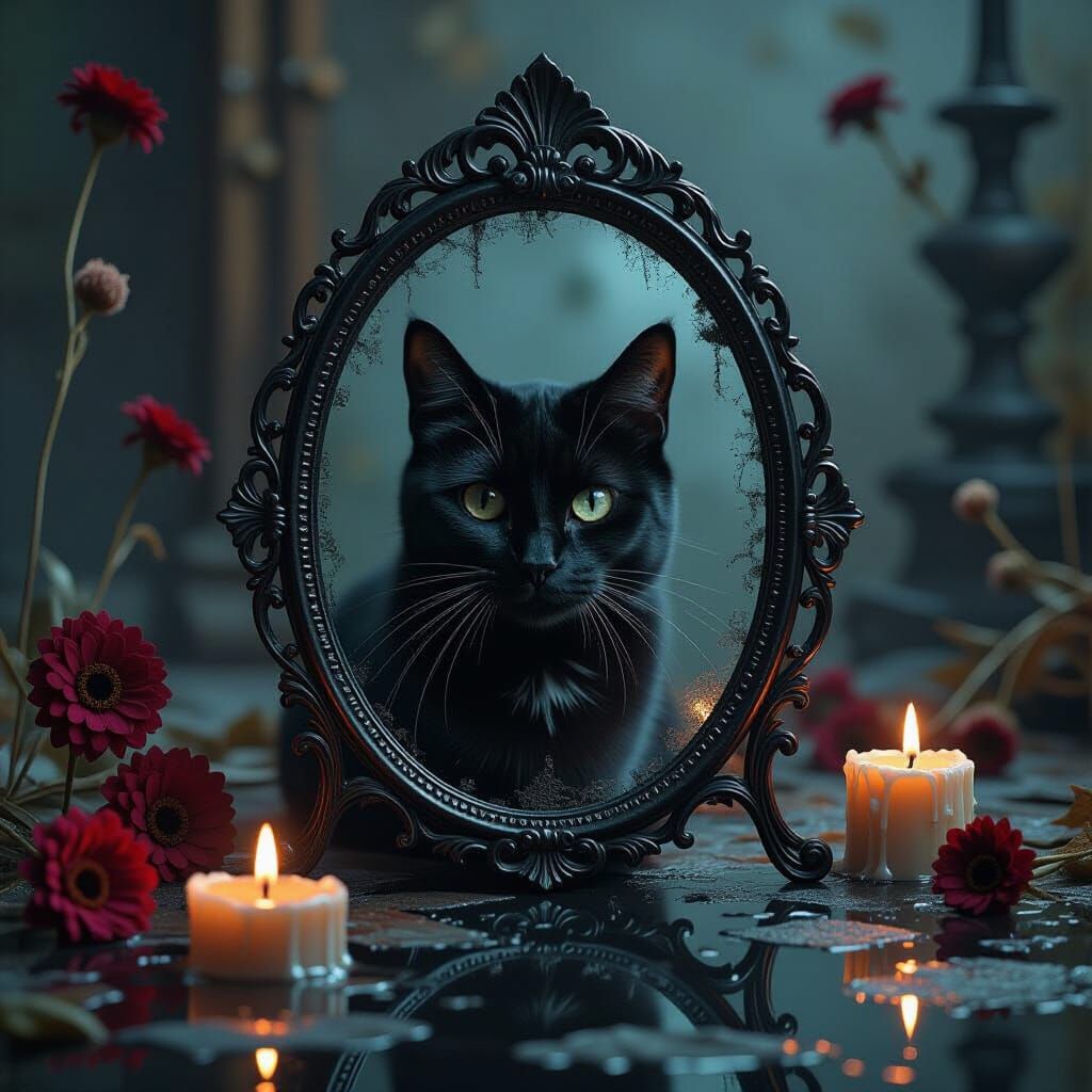Black Cat in Gothic Mirror on Altar