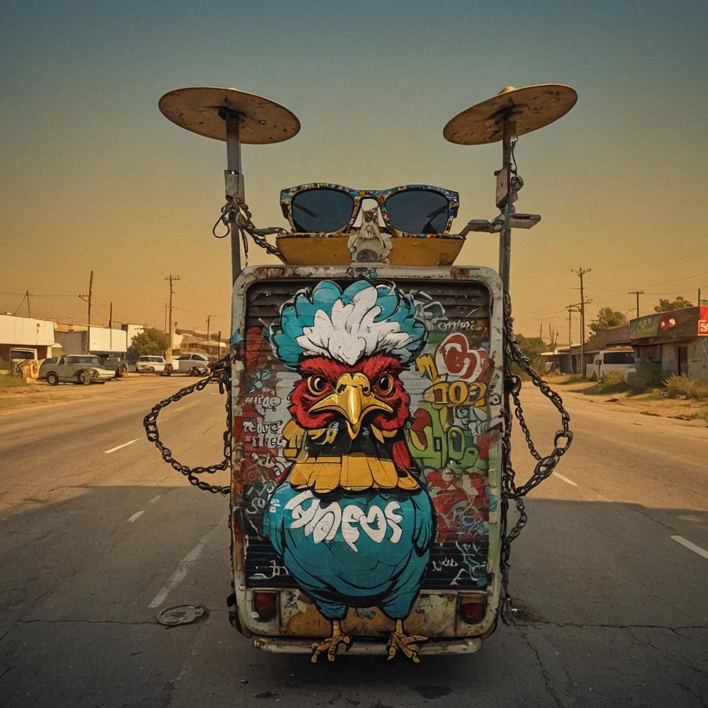 Rooster in Graffiti Pop Art with Hot Chicken Bus