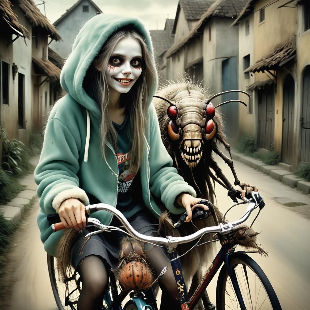 Girl Rides Bicycle Through Village: Detailed Portrait