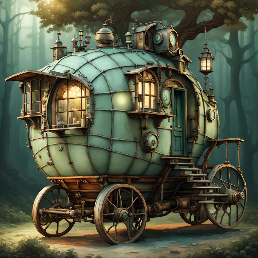 Steampunk treehouse and coach.