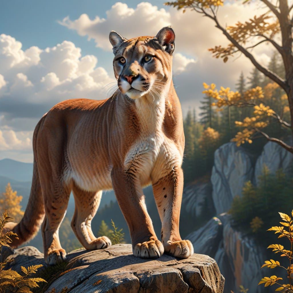 Beautifully majestic cougar standing on the cliffside, woods...