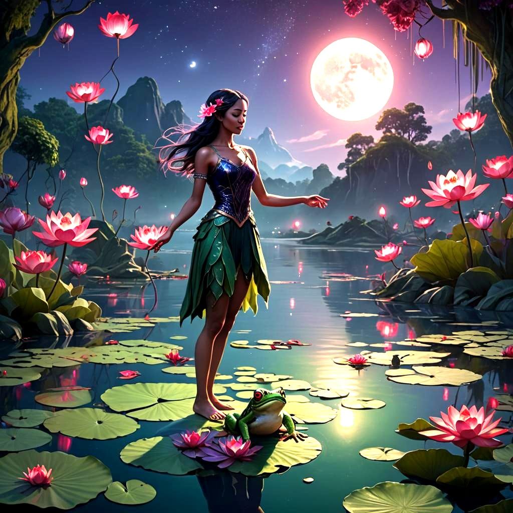 Girl Dances on Lily Pad in Lotus Lake