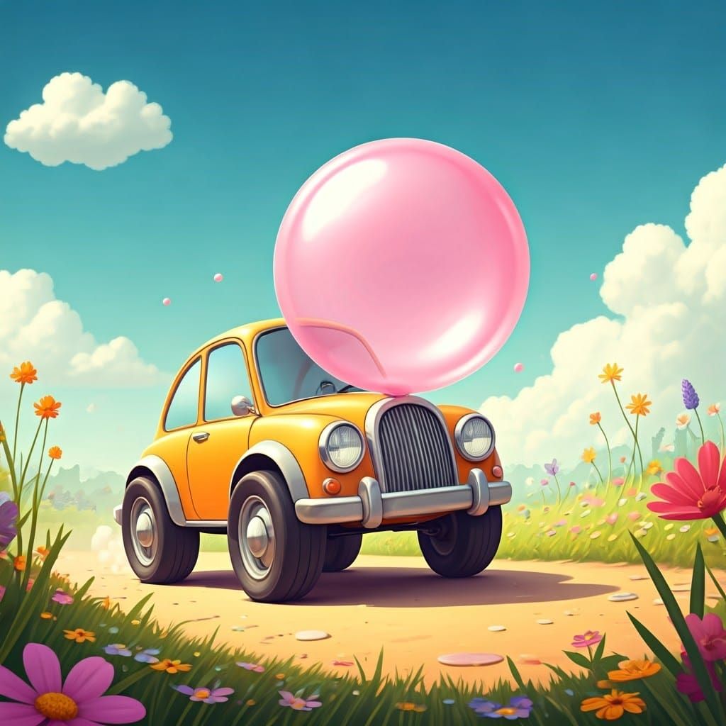 Vibrant Cartoon Car Drives Through Blooming Meadow with Gian...